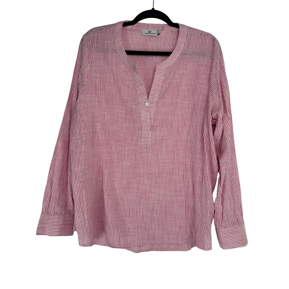 Vineyard Vines Womens XL Pink White Striped Split Neck Top Preppy Coastal